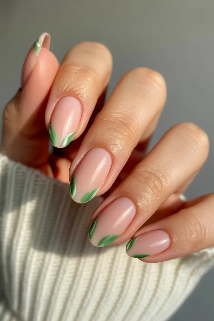March Nails Ideas 2026 Simple Green Leaf Tips