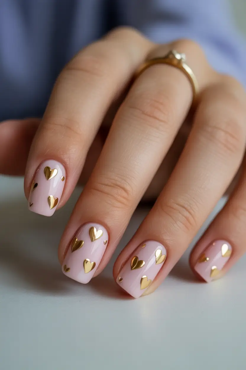 March Nails Ideas 2026 Classy Pink Gold Hearts