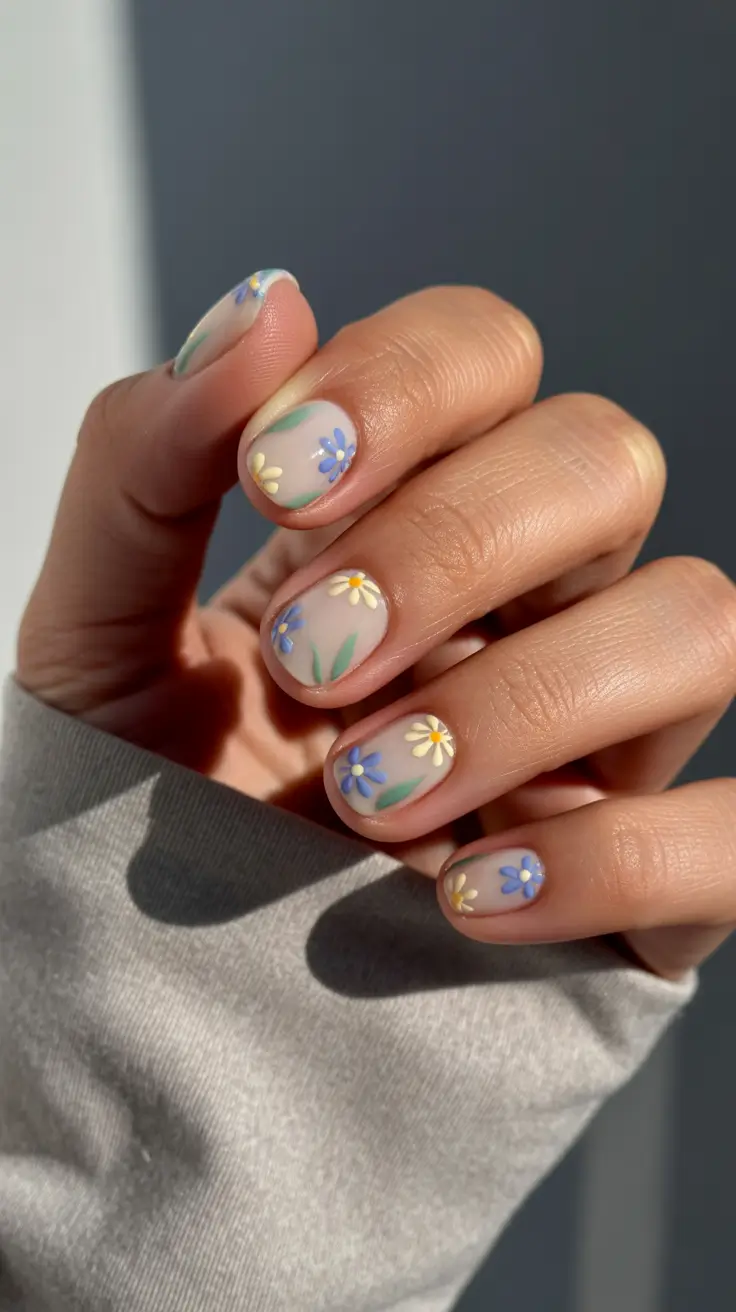 March Nails Ideas 2026 Mini Spring Flowers on Short Gel Nails