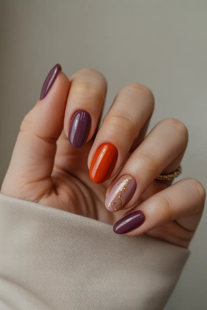 March Nails Ideas 2026 Bold Accent Nails with Plum and Orange