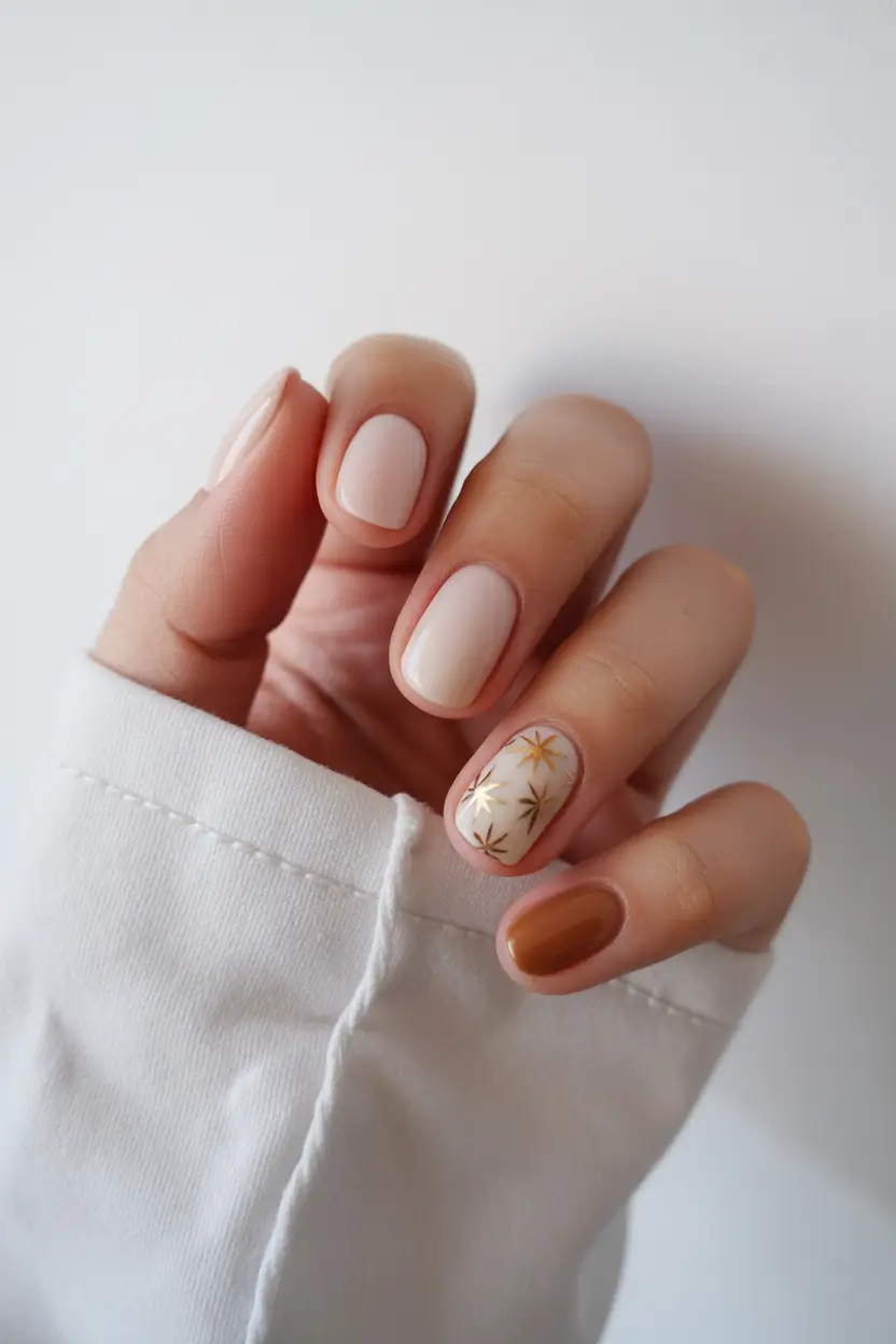 March Nails Ideas 2026 Neutral Short Nails with a Golden Detail