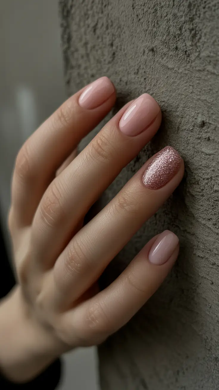 March Nails Ideas 2026 Simple Nude Nails with a Rose Gold Glitter Accent