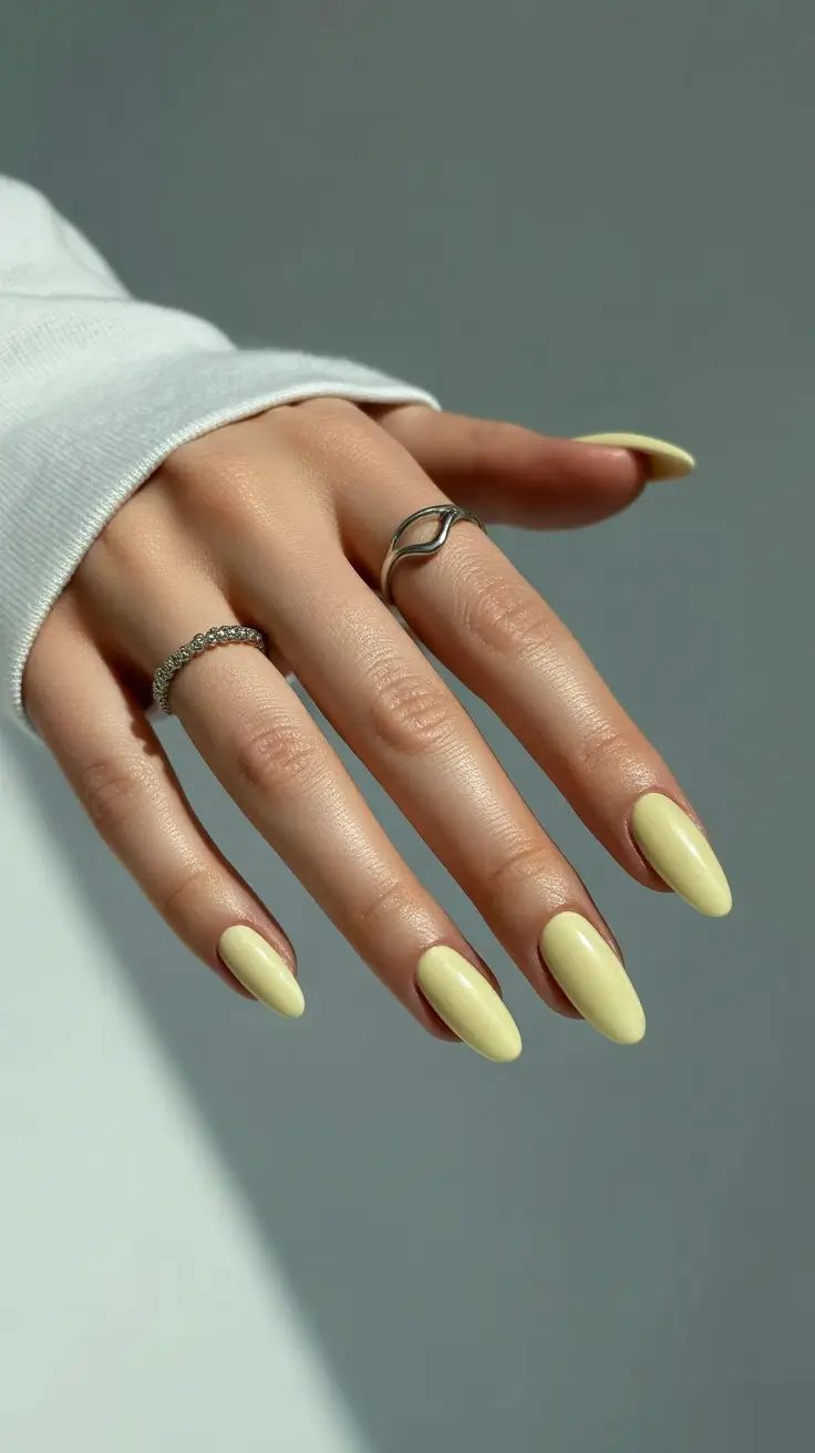 March Nails Ideas 2026 Butter Yellow Almond Nails for Early Spring