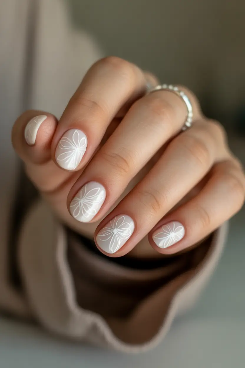 March Nails Ideas 2026 Minimal White Line Florals