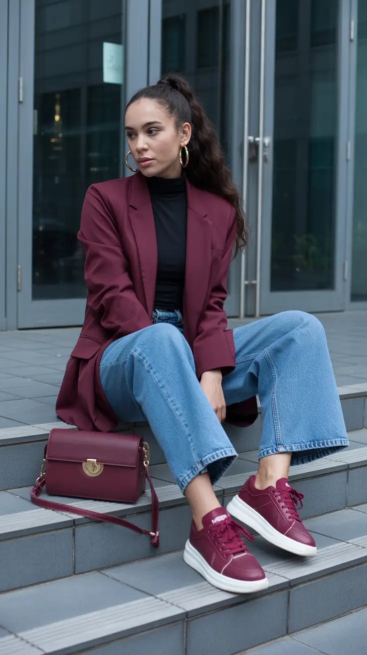 March Outfits Ideas 2026 Burgundy Blazer and Denim for City Confidence