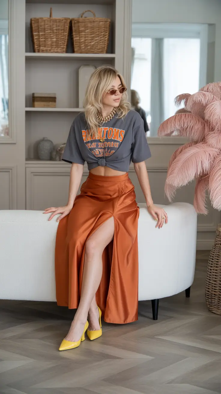 March Outfits Ideas 2026 Graphic Tee and Satin Skirt for Effortless Glam