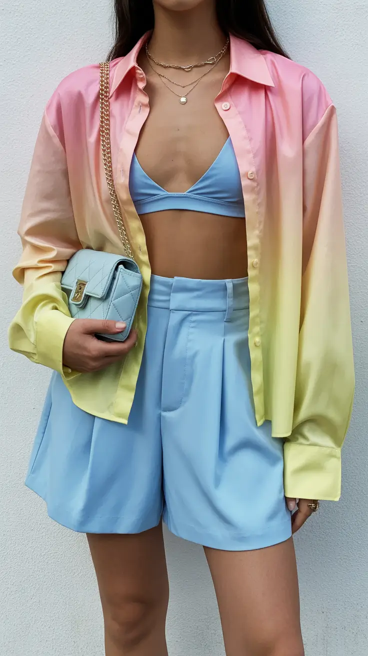 March Outfits Ideas 2026 Pastel Ombre Shirt and Blue Set for Warm Weather March