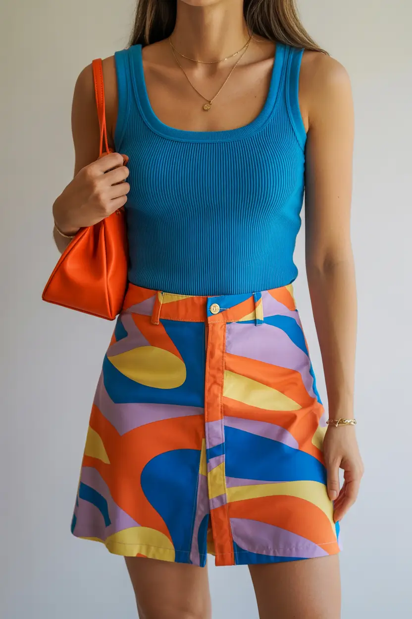 March Outfits Ideas 2026 Blue Tank and Colorful Mini Skirt for Bright March Days