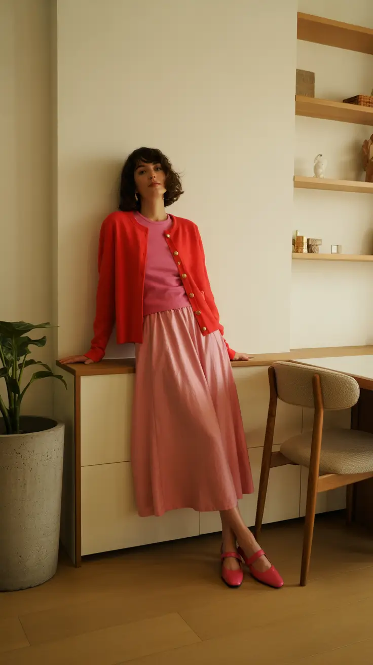 March Outfits Ideas 2026 Pink Skirt and Red Cardigan for Playful Spring Days