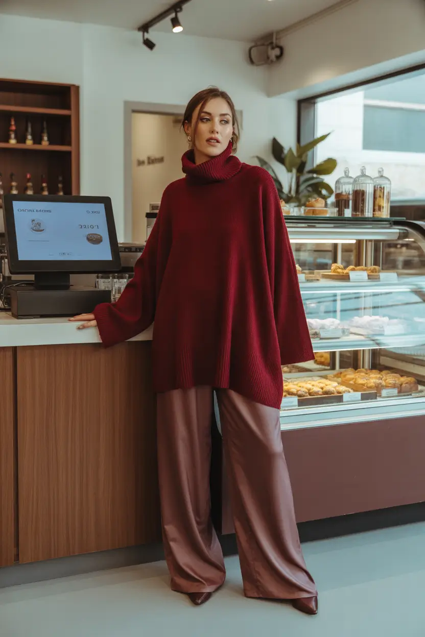 March Outfits Ideas 2026 Burgundy Sweater Cape With Satin Pants for Cozy Chic