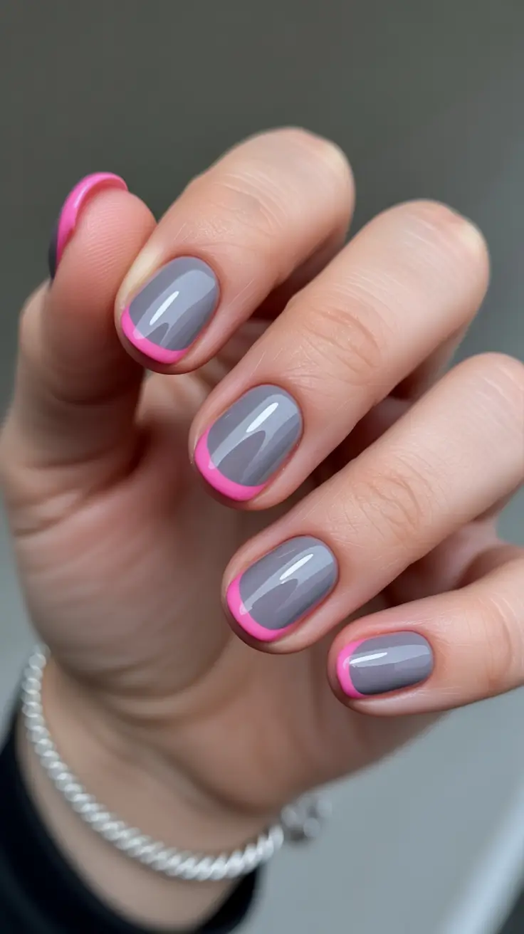 pink spring nails ideas 2026 Soft Grey Base with Neon Pink French Energy