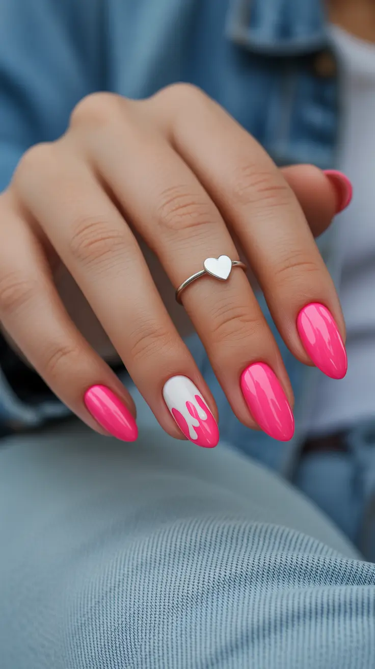 pink spring nails ideas 2026 Hot Pink Glossy Nails with Modern Drip Accent