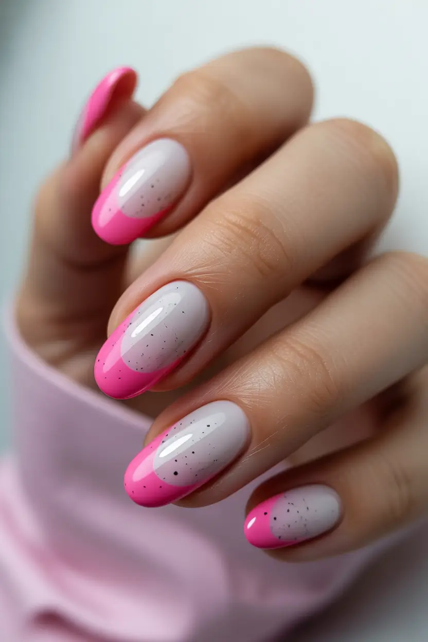 pink spring nails ideas 2026 Pink French Fade with Soft Speckled Detail