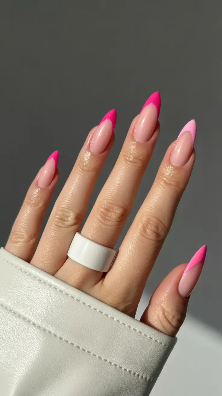 pink spring nails ideas 2026 Sharp Pink French Tips for Modern Spring Elegance