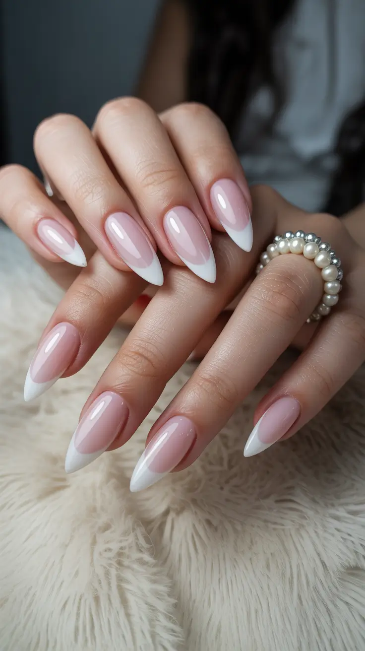 pink spring nails ideas 2026 Classic White and Pink Almond French Revival