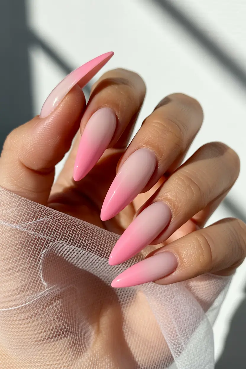 pink spring nails ideas 2026 Soft Pink Ombre Almond Nails for a Gentle Spring Mood