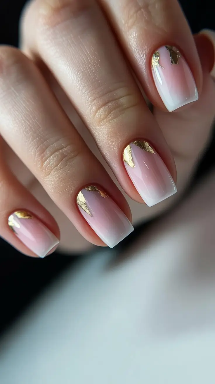 pink spring nails ideas 2026 Soft Pink Gradient with Gold Leaf Accents