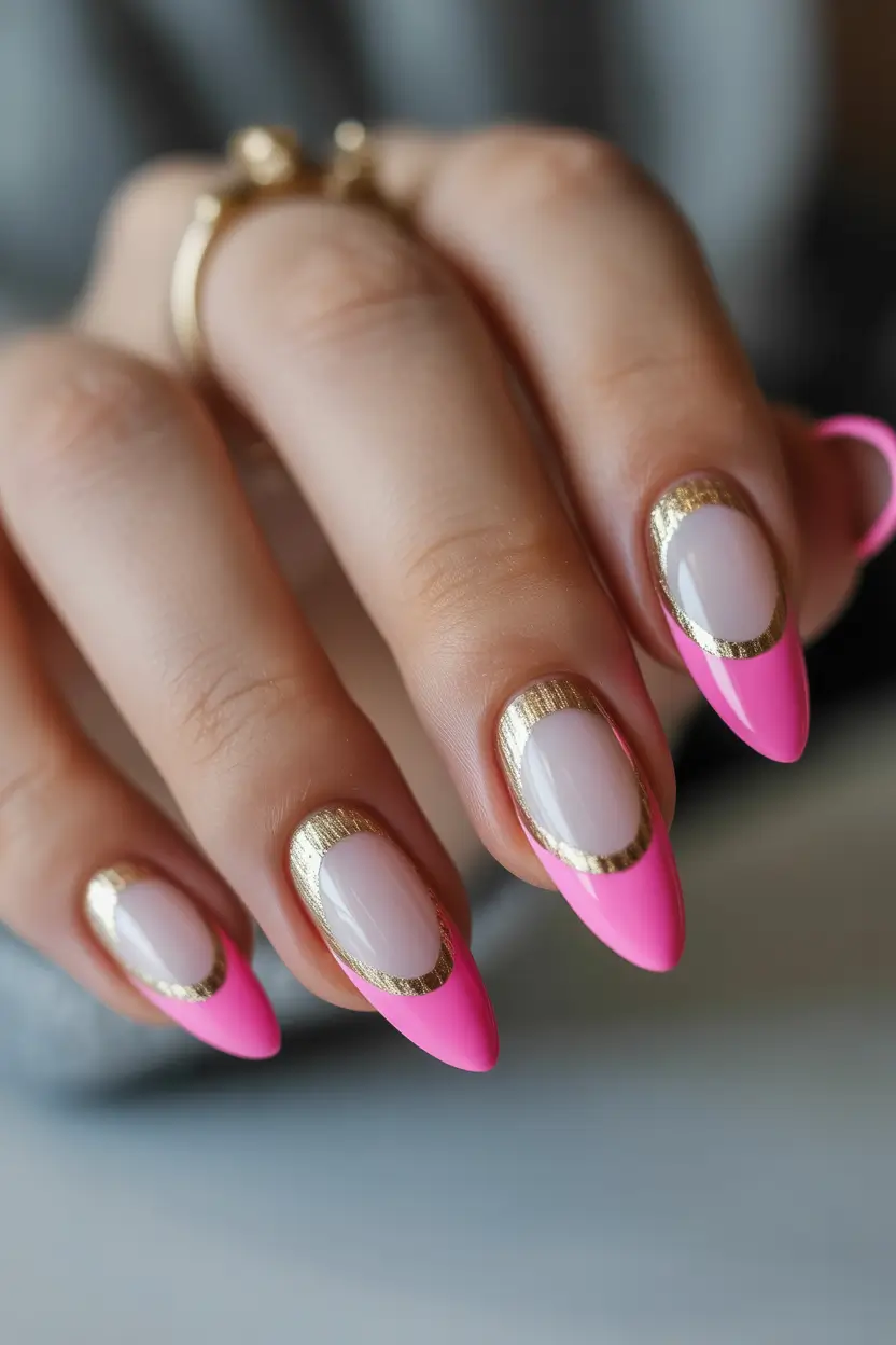 pink spring nails ideas 2026 Pink Almond Nails with Modern Gold Frame French
