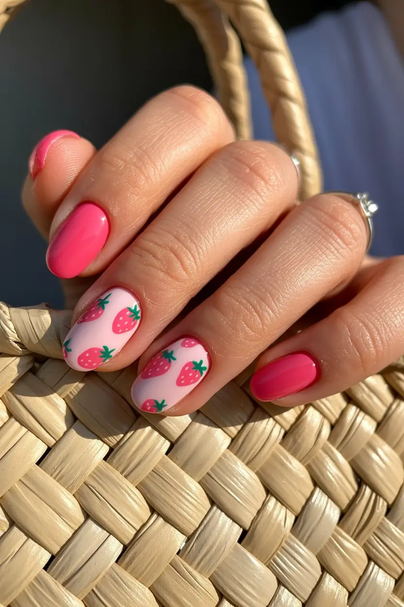 pink spring nails ideas 2026 Playful Strawberry Pink Spring Nails