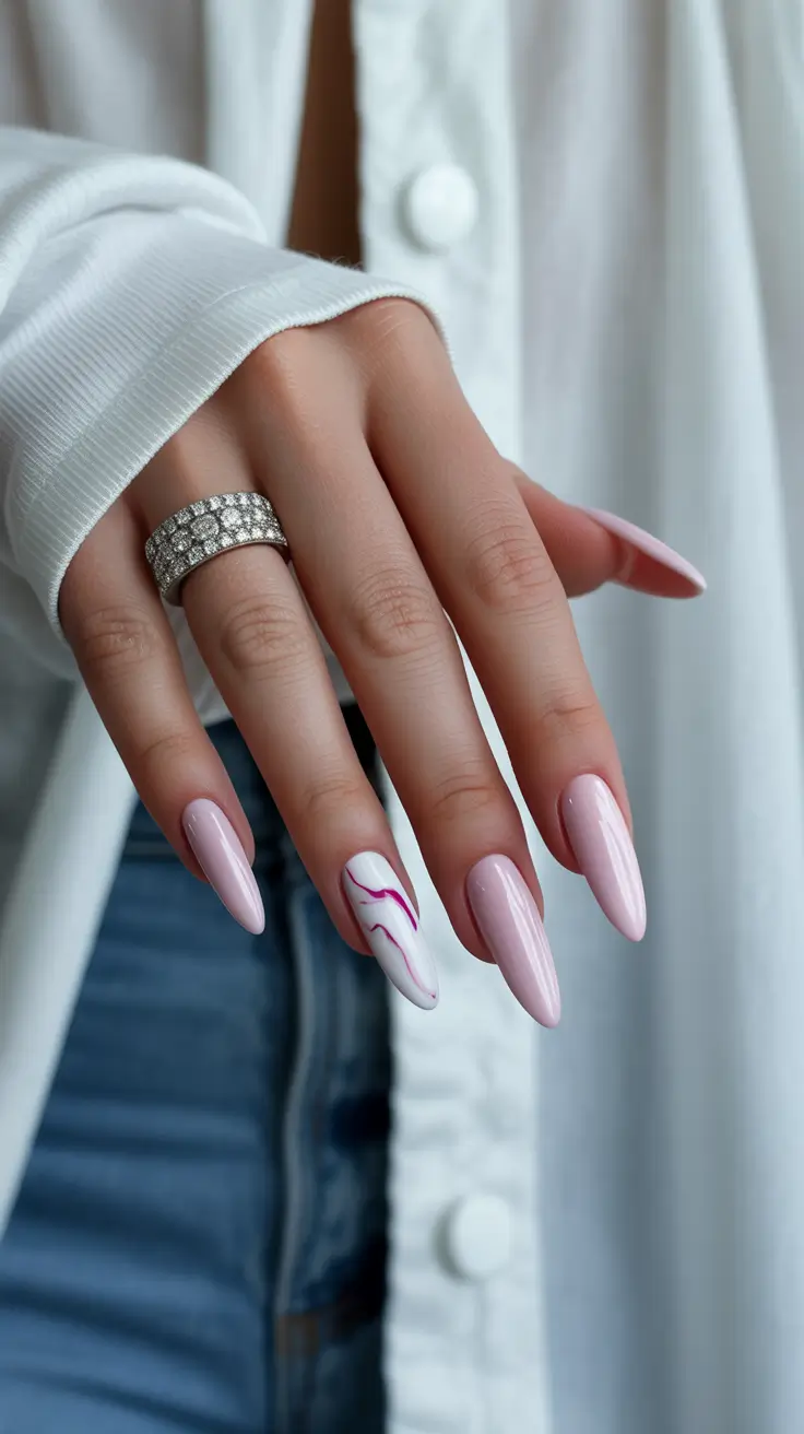 pink spring nails ideas 2026 Elegant Almond Pink with Minimal Abstract Accent