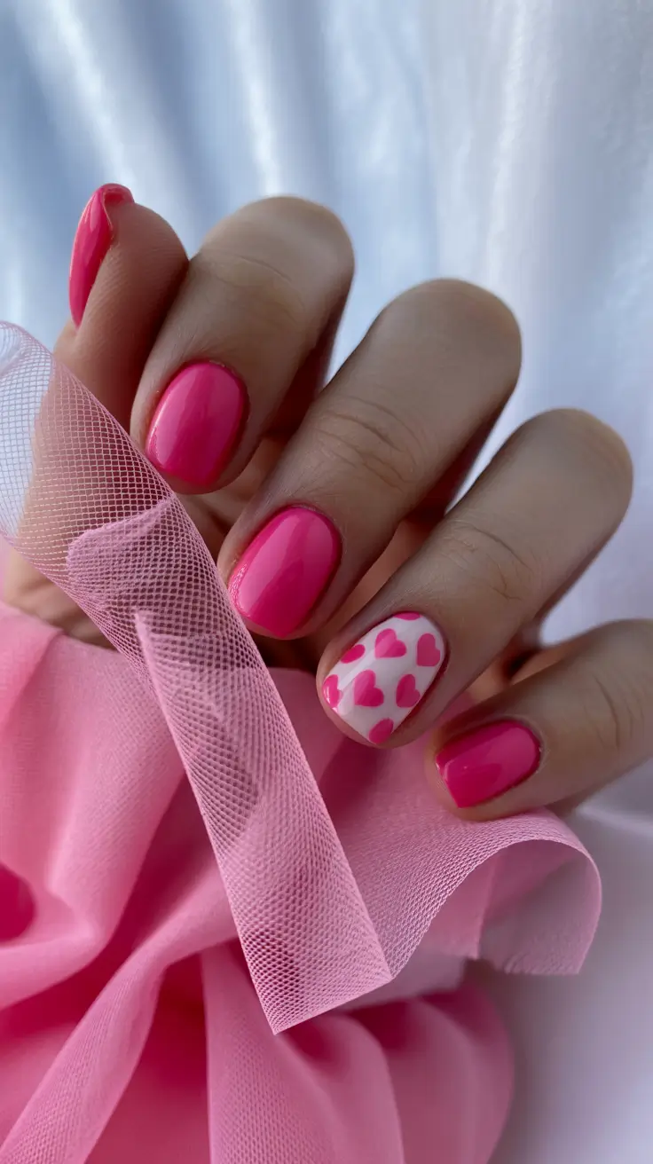pink spring nails ideas 2026 Hot Pink Short Nails with Sweet Heart Accents