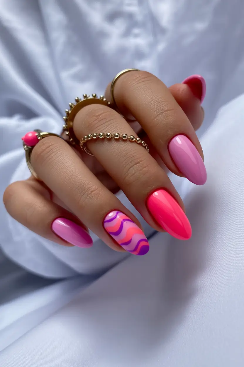 pink spring nails ideas 2026 Vibrant Pink Waves for Playful Spring Energy