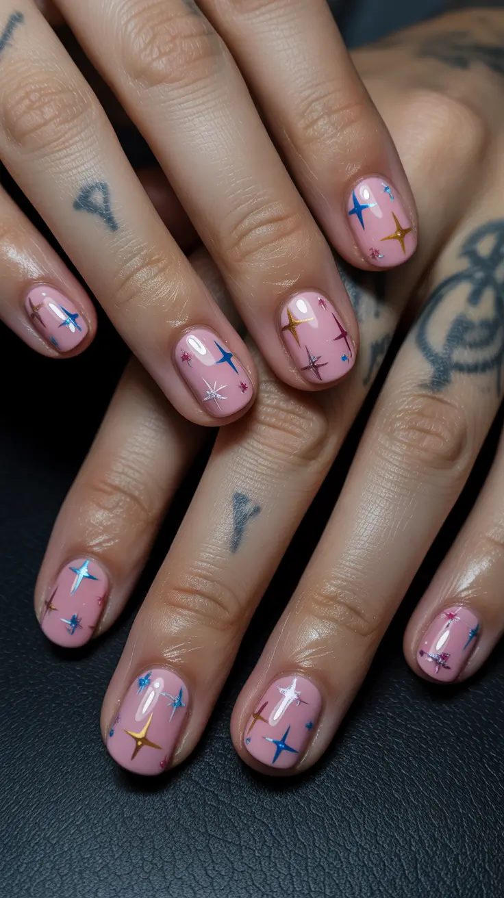 pink spring nails ideas 2026 Soft Pink Short Nails with Starry Accents