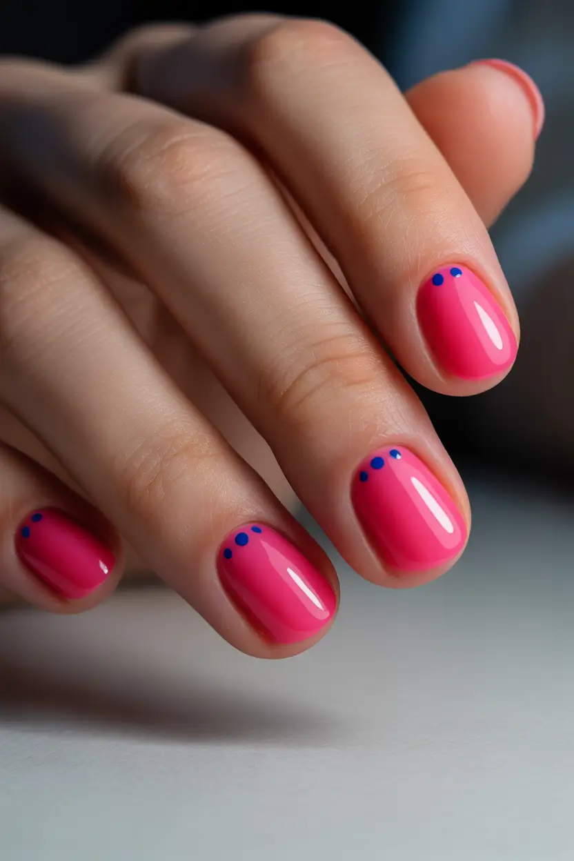 pink spring nails ideas 2026 Hot Pink Minimal Nails with Micro Dot Detail