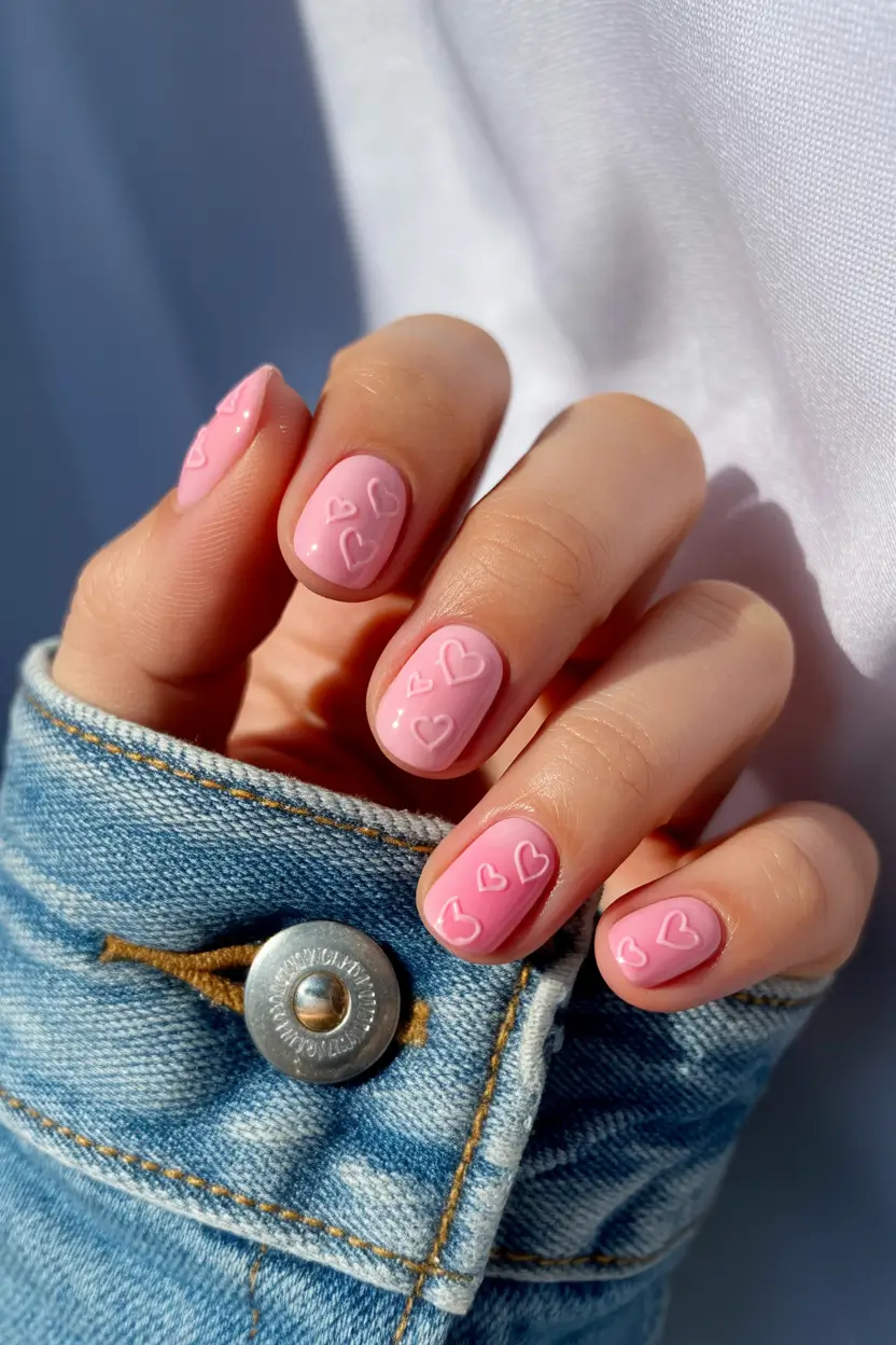 pink spring nails ideas 2026 Cute Pink Short Nails with Raised Heart Details