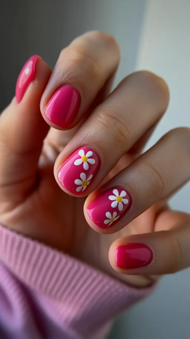 pink spring nails ideas 2026 Hot Pink Daisy Nails for Playful Spring Days