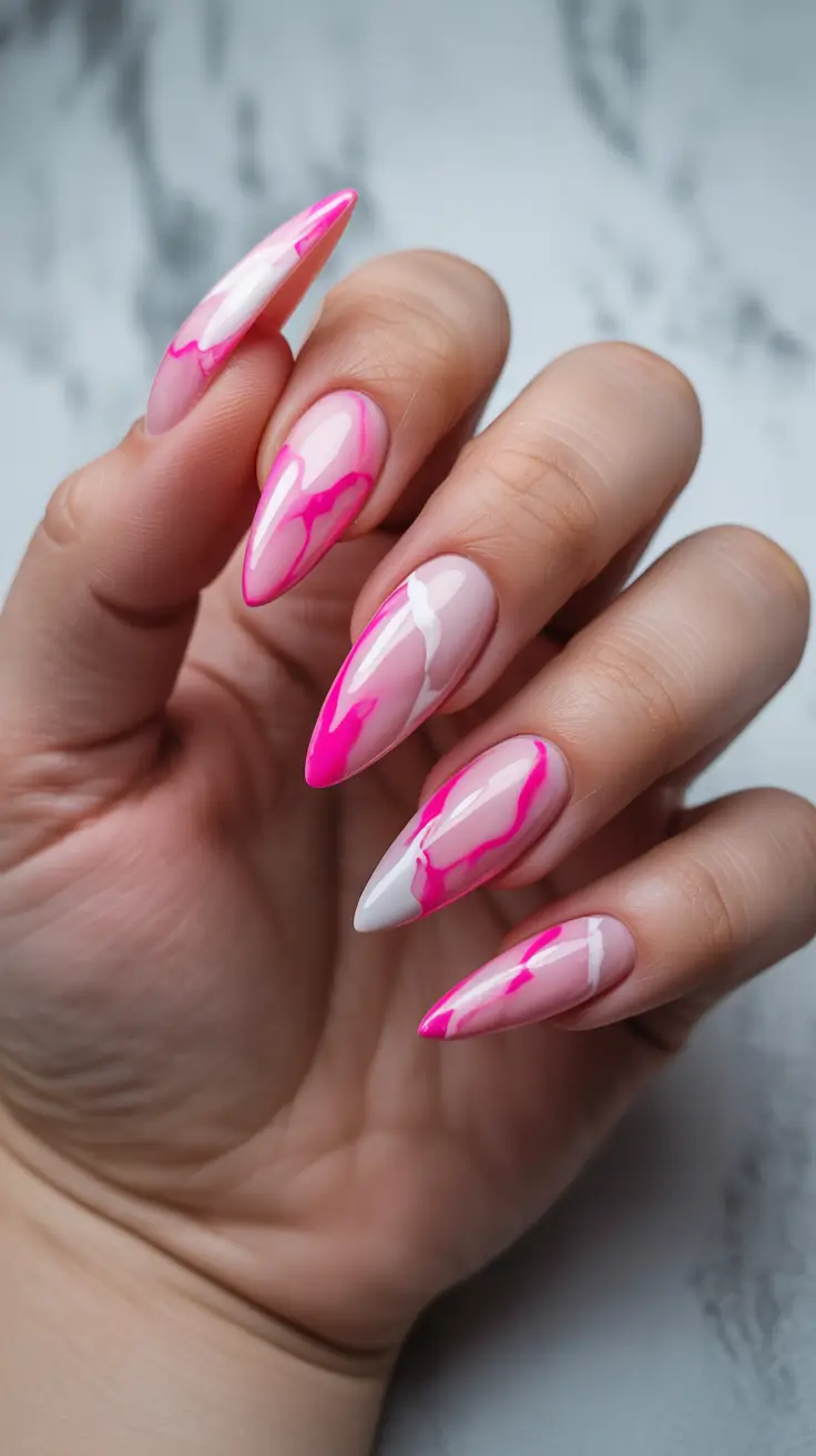 pink spring nails ideas 2026 Glossy Pink Marble Lines for Statement Spring Nails