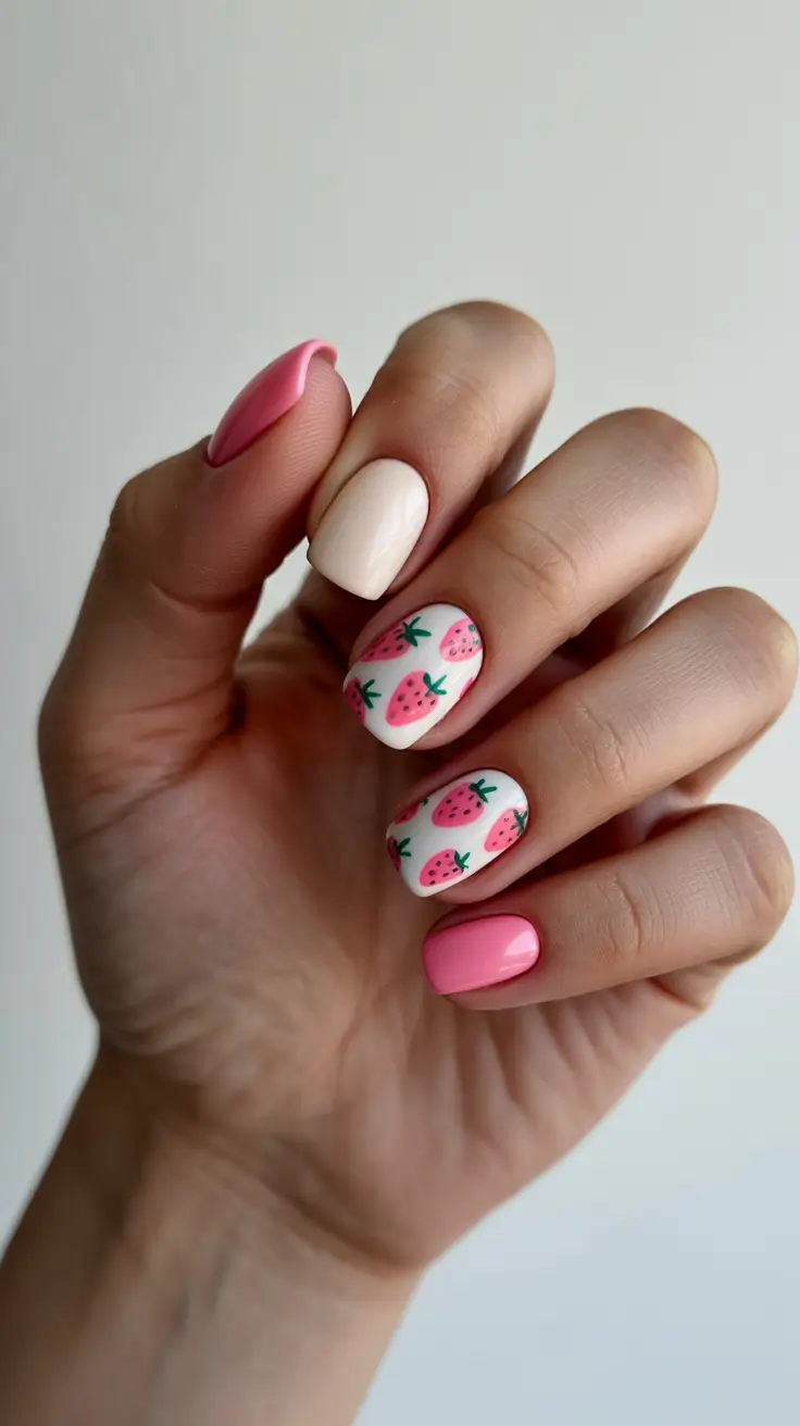 pink spring nails ideas 2026 Cute Strawberry Pink Nails with Playful Spring Art