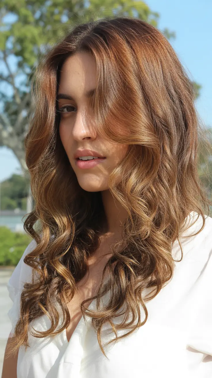 spring brown hair color 2026 Golden Copper Waves with Soft Glow