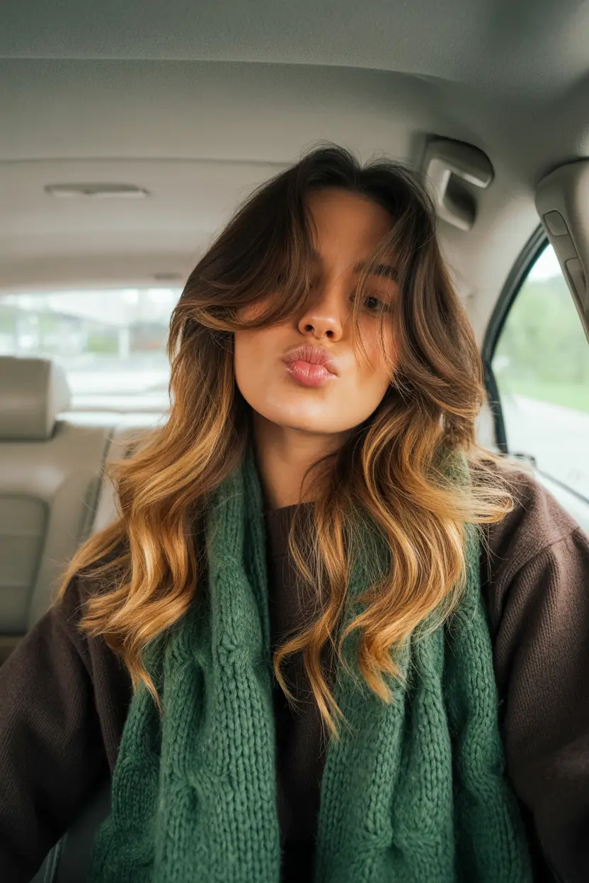 spring brown hair color 2026 Honey Caramel Waves with Soft Curtain Movement