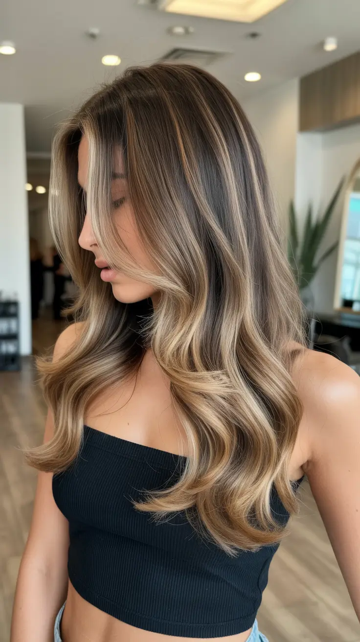 spring brown hair color 2026 Espresso to Cinnamon Balayage with Face-Framing Glow