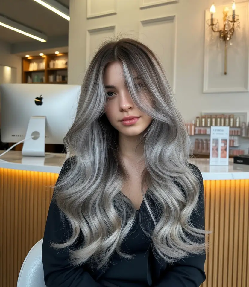 spring brown hair color 2026 Smoky Ash Brunette with Silver Light Ribbons