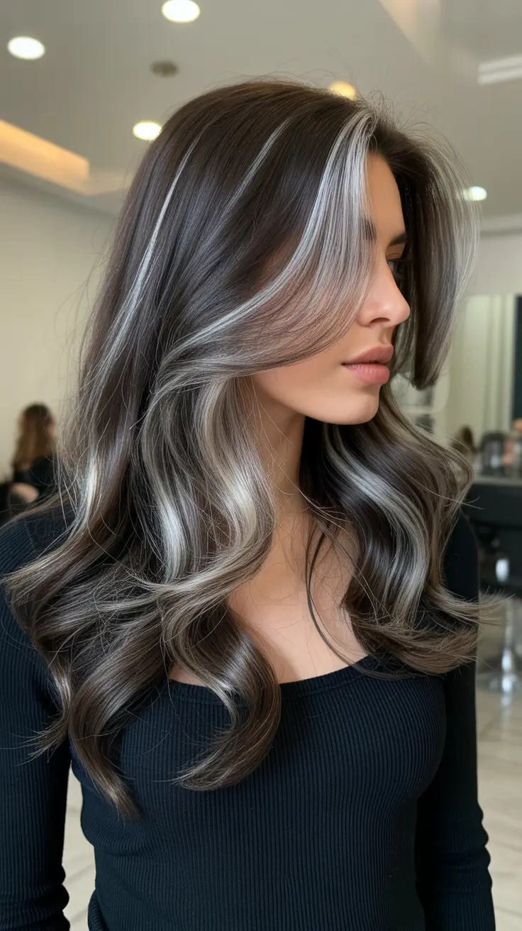 spring brown hair color 2026 Espresso Brown with Bold Face Framing Blonde and Silver