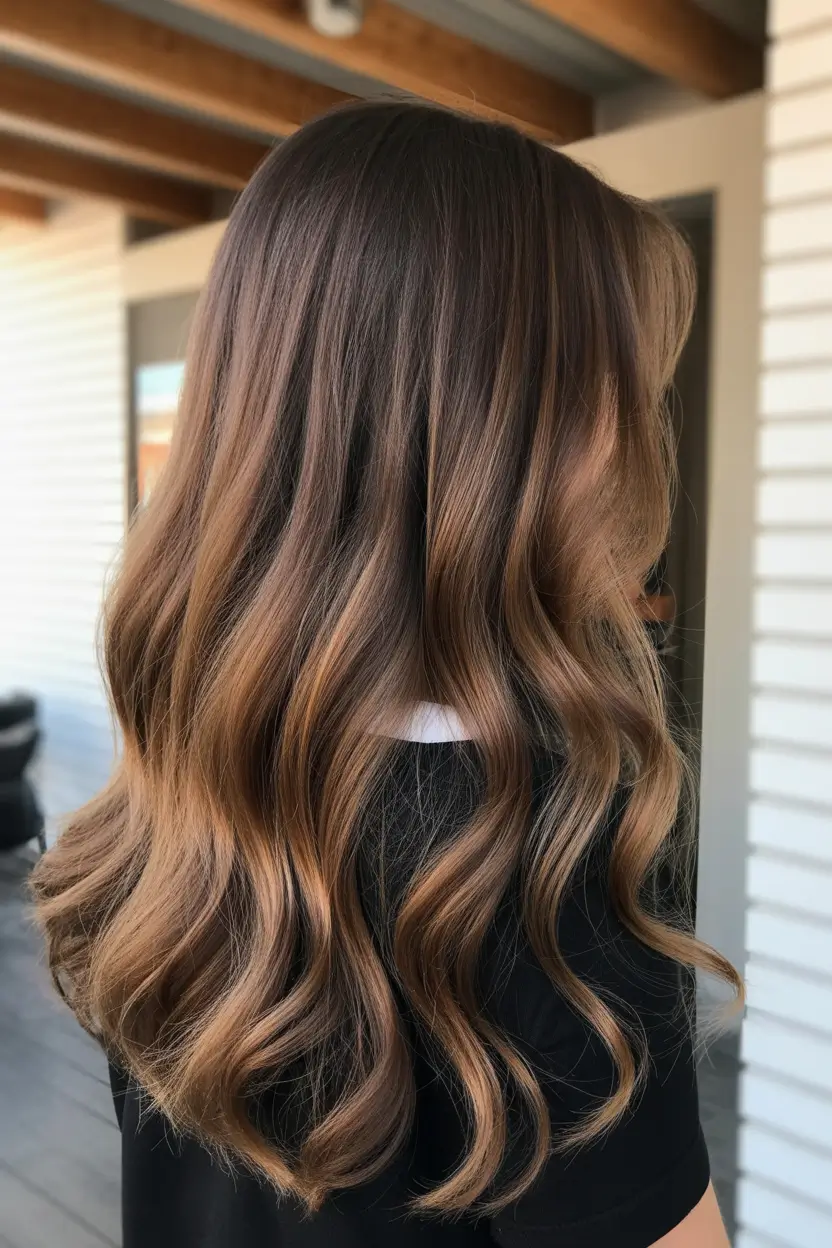 spring brown hair color 2026 Golden Caramel Waves for Soft Contrast