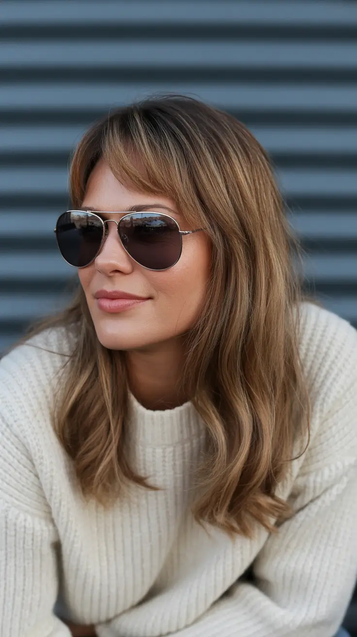 spring brown hair color 2026 Honey Tea Layers with Modern Bangs