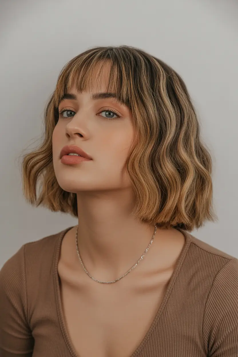 spring caramel hair color 2026 Short Wavy Brunette Bob with Honey Highlights
