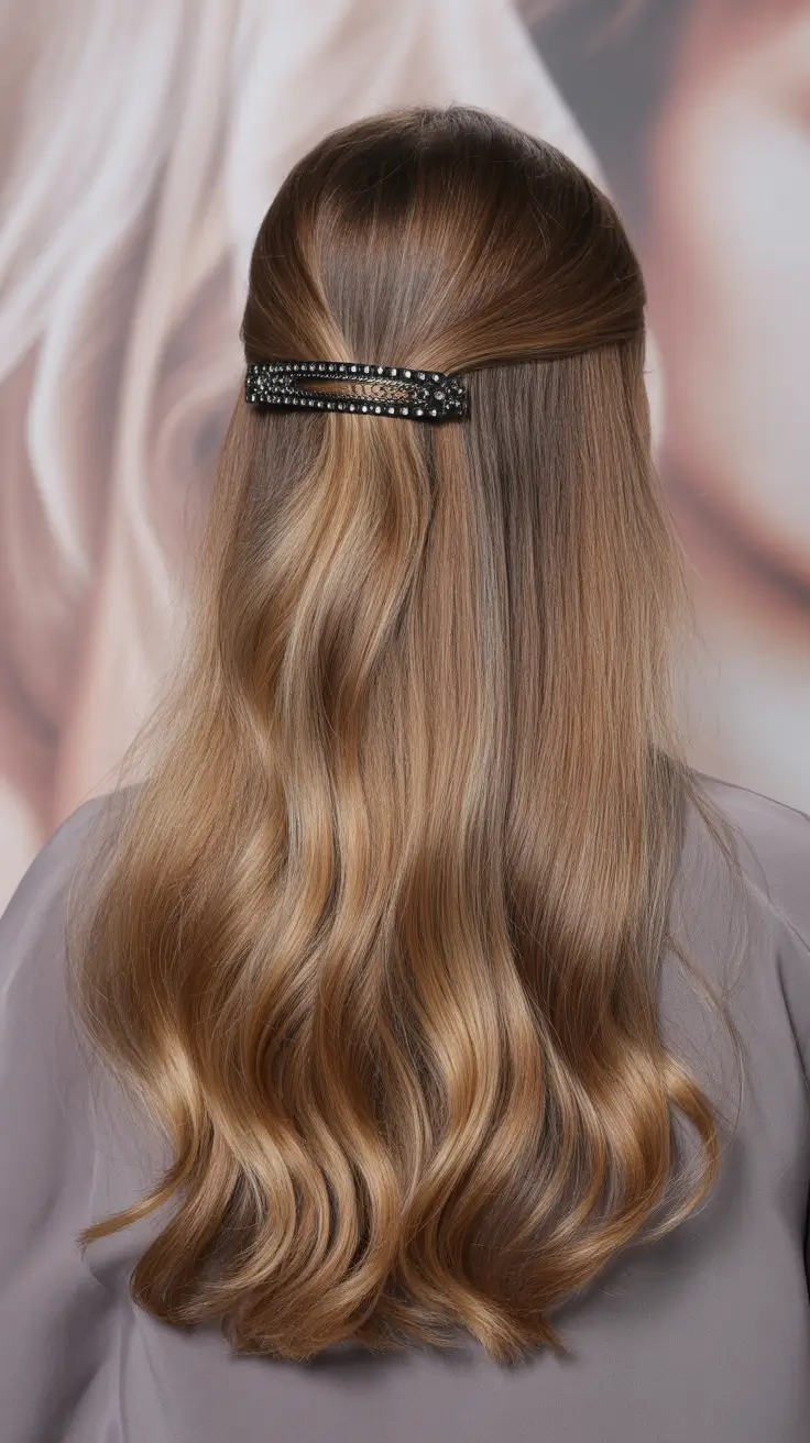 spring caramel hair color 2026 Half-Up Caramel Waves with Soft Chocolate Depth