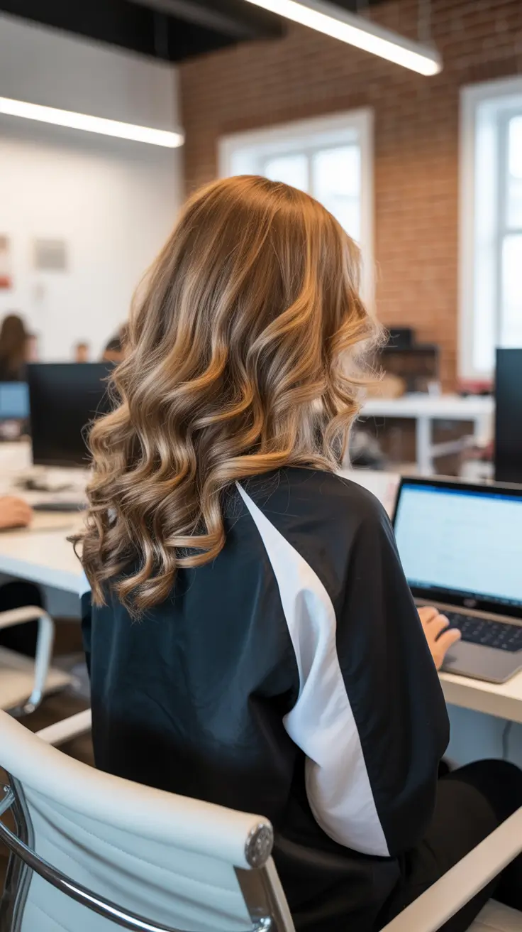 spring caramel hair color 2026 Office-Ready Caramel Curls with Golden Balance