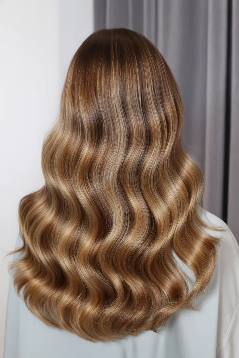 spring caramel hair color 2026 Glossy Long Caramel Waves with Chocolate Depth
