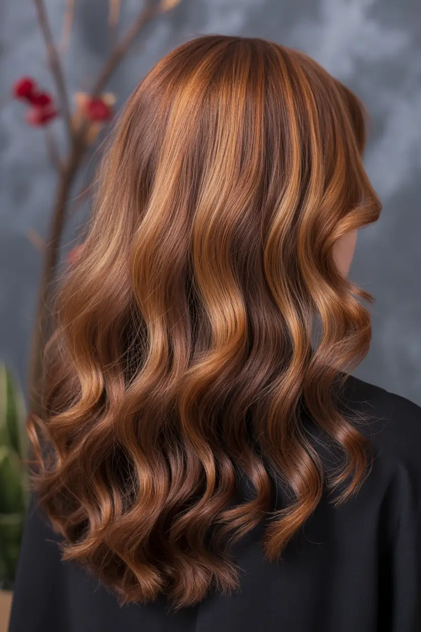 spring caramel hair color 2026 Auburn Caramel Waves with Gingerbread Warmth