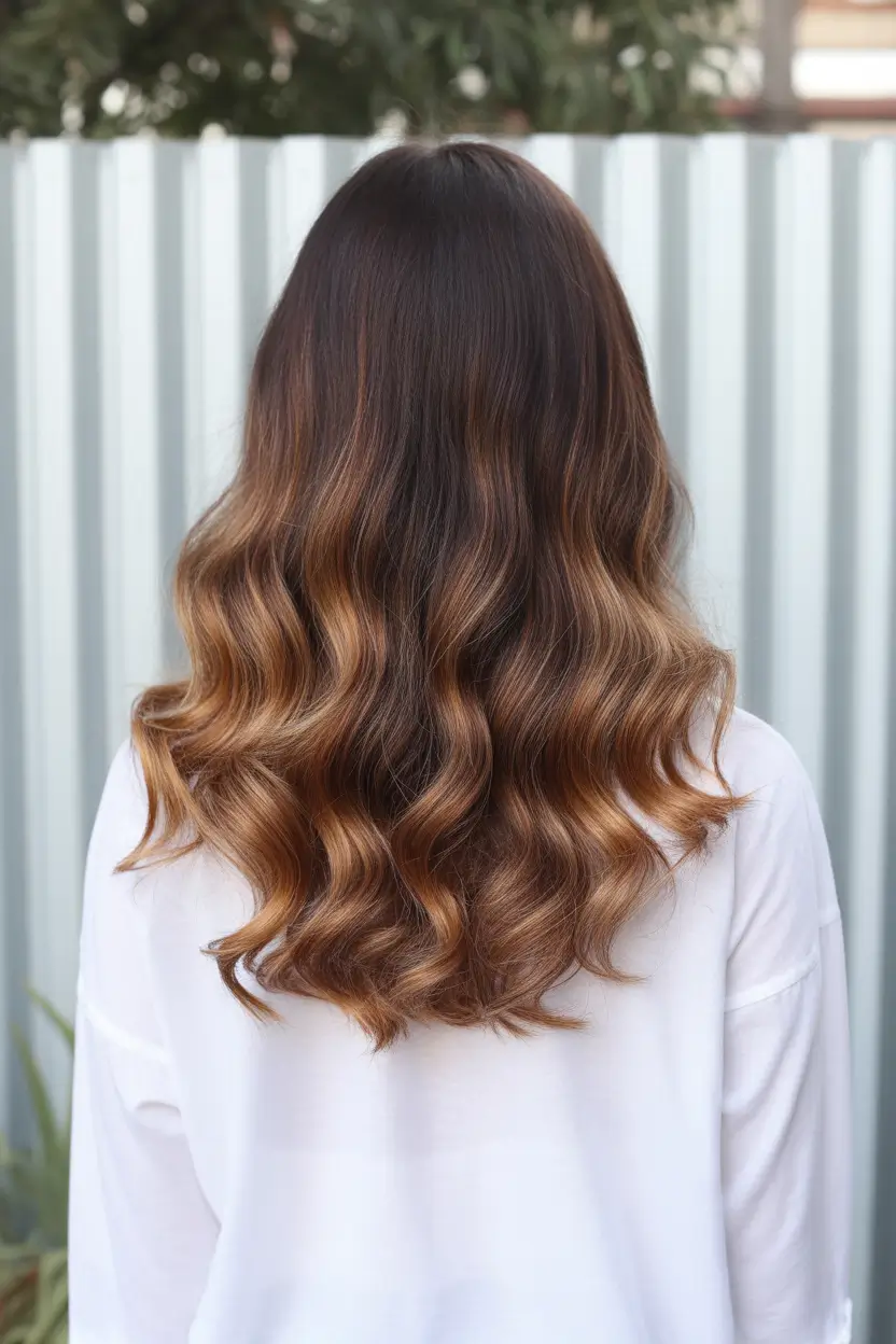 spring caramel hair color 2026 Soft Brunette Waves with Honey Caramel Balance