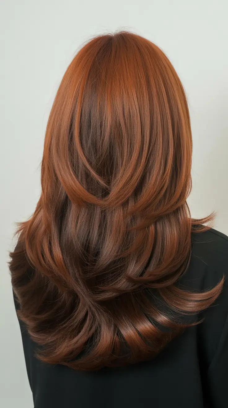 spring caramel hair color 2026 Deep Auburn Layers with Burnt Caramel Glow