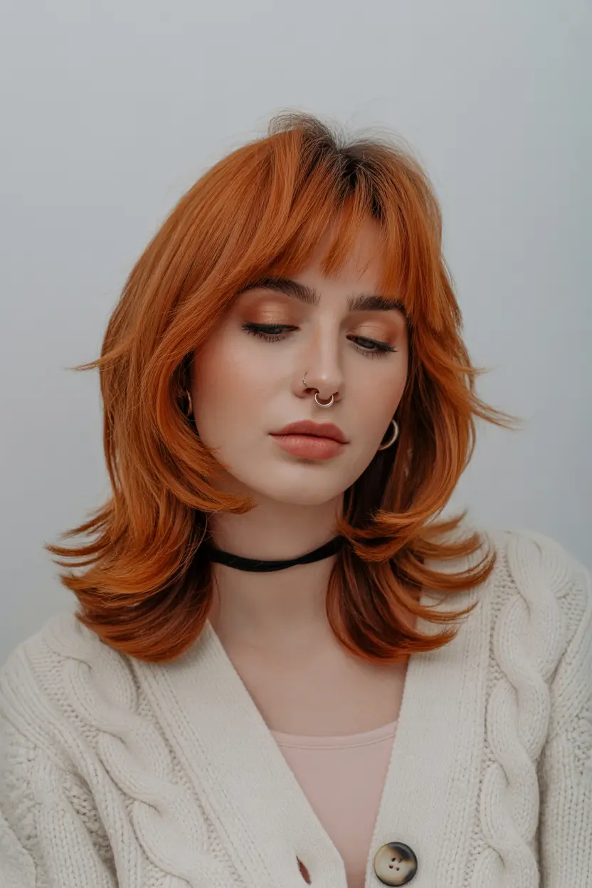 spring caramel hair color 2026 Modern Ginger Fringe with Soft Caramel Texture
