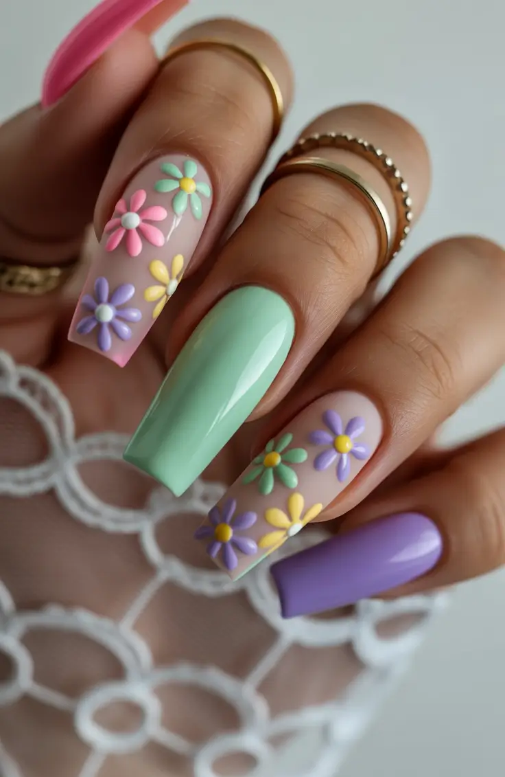 spring coffin nails 2026 Pastel Garden Coffin Nails With Playful 3D Florals