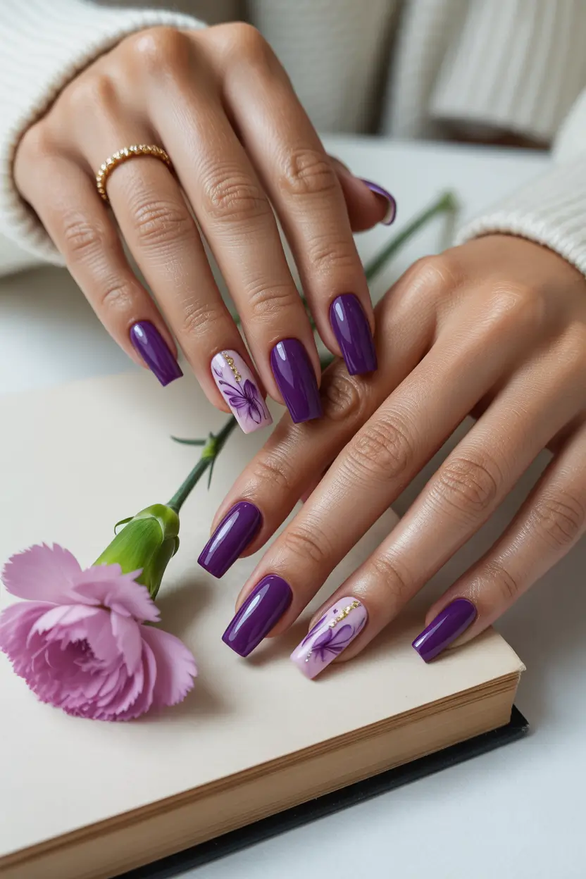spring coffin nails 2026 Deep Purple Coffin Nails With Elegant Floral Accent
