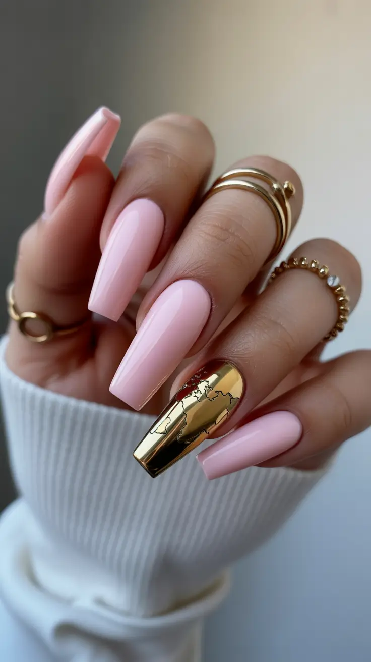 spring coffin nails 2026 Soft Pink Coffin Nails With Metallic Gold Accent